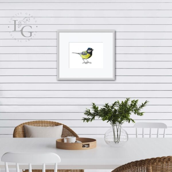 Great Tit colour pencil drawing A4 print in frame in room