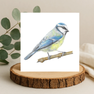 Colour pencil drawing of a blue tit. A small blue bird with a yellow chest. The drawing is on a plain white background on a square card. The card is sat on a log slice with leaves behind.