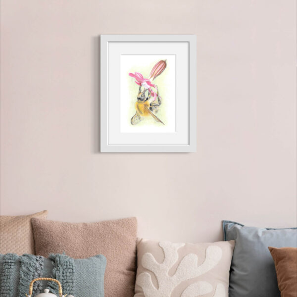 Colour pencil A4 print of Bumblebee on Campion Flower. In white frame with white mount on wall