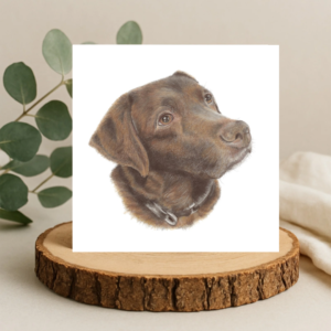 colour pencil drawing of a brown chocolate Labrador head and shoulders on a white background square greetings card. The card is displayed on a slice of log wood with some leaves behind.