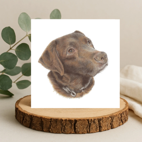 colour pencil drawing of a brown chocolate Labrador head and shoulders on a white background square greetings card. The card is displayed on a slice of log wood with some leaves behind.