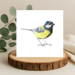 Colour pencil drawing of a Great Tit bird. Small bird with yellow breast and blue black head. The bird is on a plain white background greetings card. The card is displayed on a log slice with leaves behind