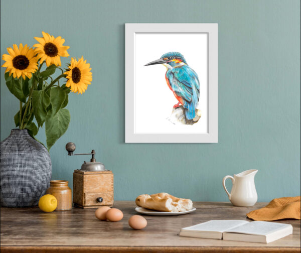 A4 colour pencil Kingfisher print in white frame with no mount with sunflowers