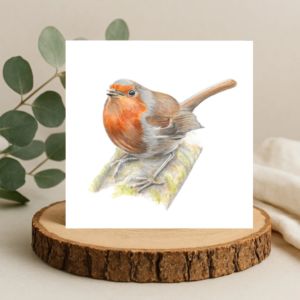 Colour pencil drawing of a robin. A small brown bird with a red breast. the robin is singing and sat on a branch. Itvis on the front of a plain white background greetings card. The card is on a log slice with leaves behind.