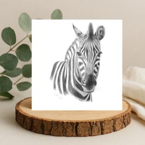 Black and white pencil drawing of a Zebra head and shoulders. The zebra is on a plain white background on a square greetings card. The card is sat on a log slice with leaves behind