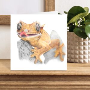 Cheeky crested gecko. Reptile colour pencil drawing print on square greetings card