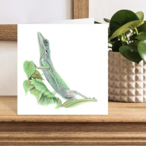 Green anole lizard square greetings card. Lizard artwork created using colour pencils