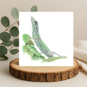 Green anole lizard colour pencil drawing. The lizard is sat on a leaf and is drawn on a plain white background. The design is on the front of a greetings card displayed on a log slice with leaves behind.
