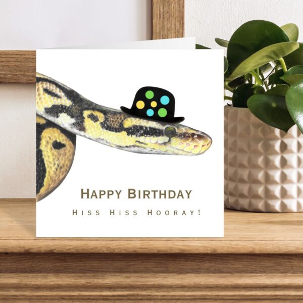 Colour pencil drawing of a yellow and black snake head and shoulders wearing a bowler hat with coloured spots on. The snake is on a white background with the wording Happy Birthday Hiss Hiss Hooray. The card is on a wooden shelf