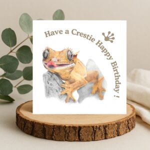 Colour pencil drawing of a crested gecko lizard with large eyes and tongue out. The gecko is clinging to a small rock. There is text that says Have a crestie happy birthday with a gecko foot logo. The art is on the front of a square card
