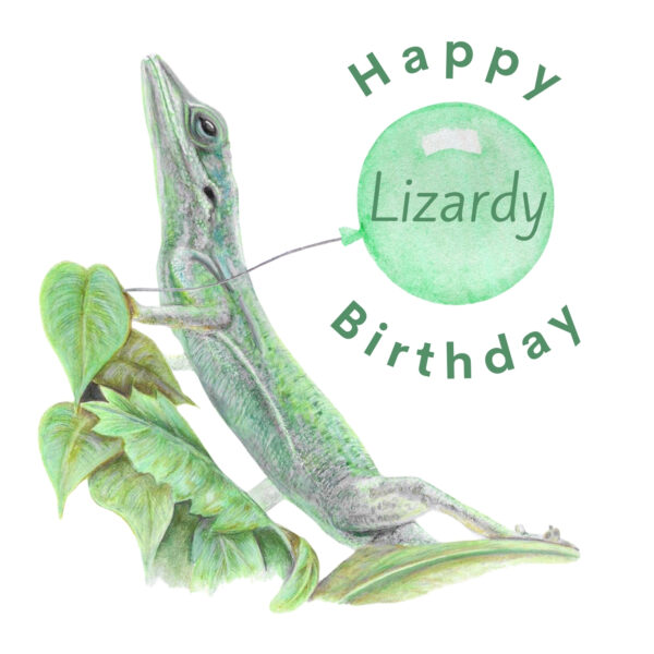 Colour pencil green lizard drawing sitting on some leaves. There is a plain white background and the lizard is holding a green balloon. The text says Happy Lizardy Birthday, with the word Lizardy inside the balloon.