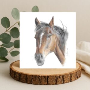 Horse Greetings Card. Colour pencil drawing of a brown horse head and shoulders on the front of a white square card. The card is sat on a log slice with some leaves behind.