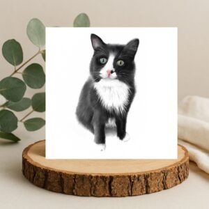 Colour pencil drawing of a black and white fluffy cat. The cat has a white bib and white nose with white paws. The cat is sitting down and whole cat has been drawn with the two front legs included. The artwork is on a square card displayed on a log slice
