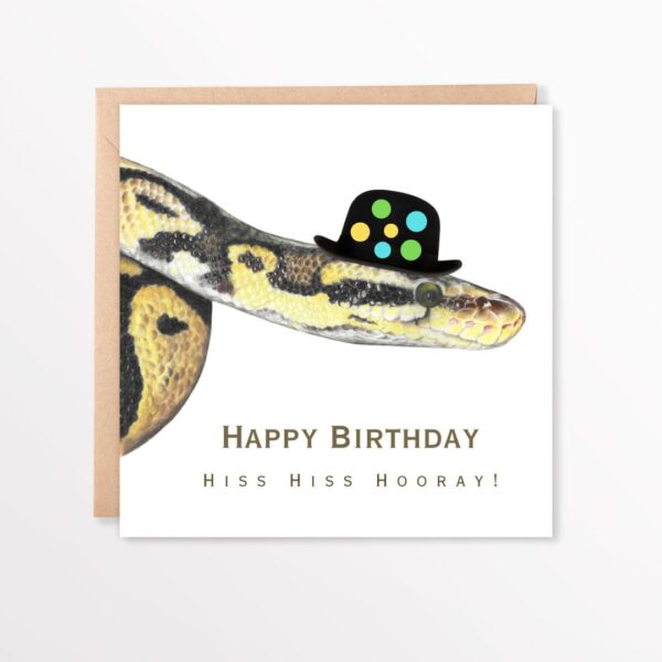 Colour pencil drawing of a yellow and black snake head and shoulders wearing a bowler hat with coloured spots on. The snake is on a white background with the wording Happy Birthday Hiss Hiss Hooray. The card is lying flat on top of a brown envelope