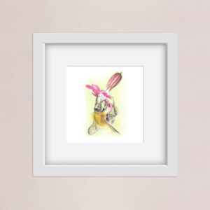 Colour pencil drawing of a bumblebee in a square white frame on a pink wall