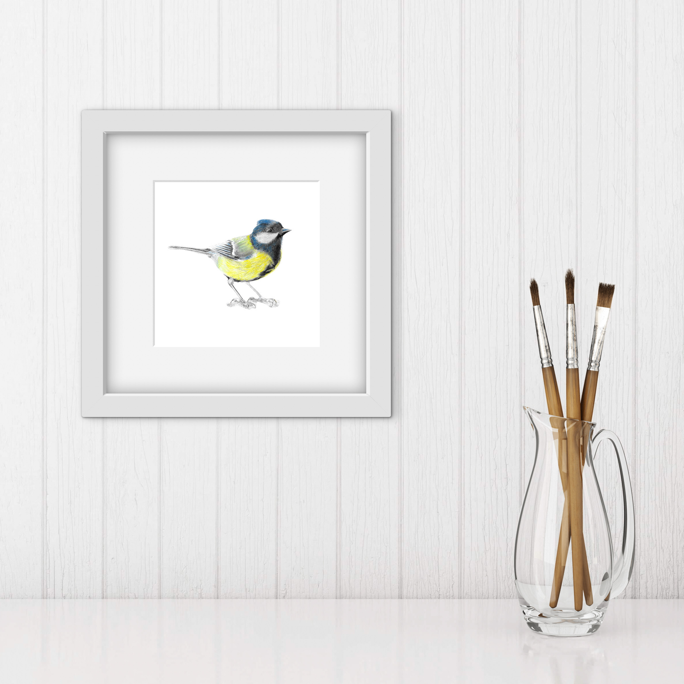 Great Tit 6 x 6 Print: Mounted Colour Pencil Bird Drawing - Image 3