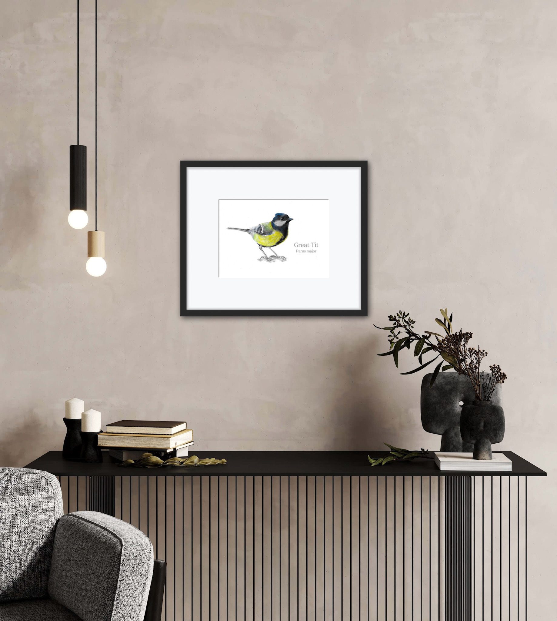 Great tit colour pencil drawing in black frame above a black table