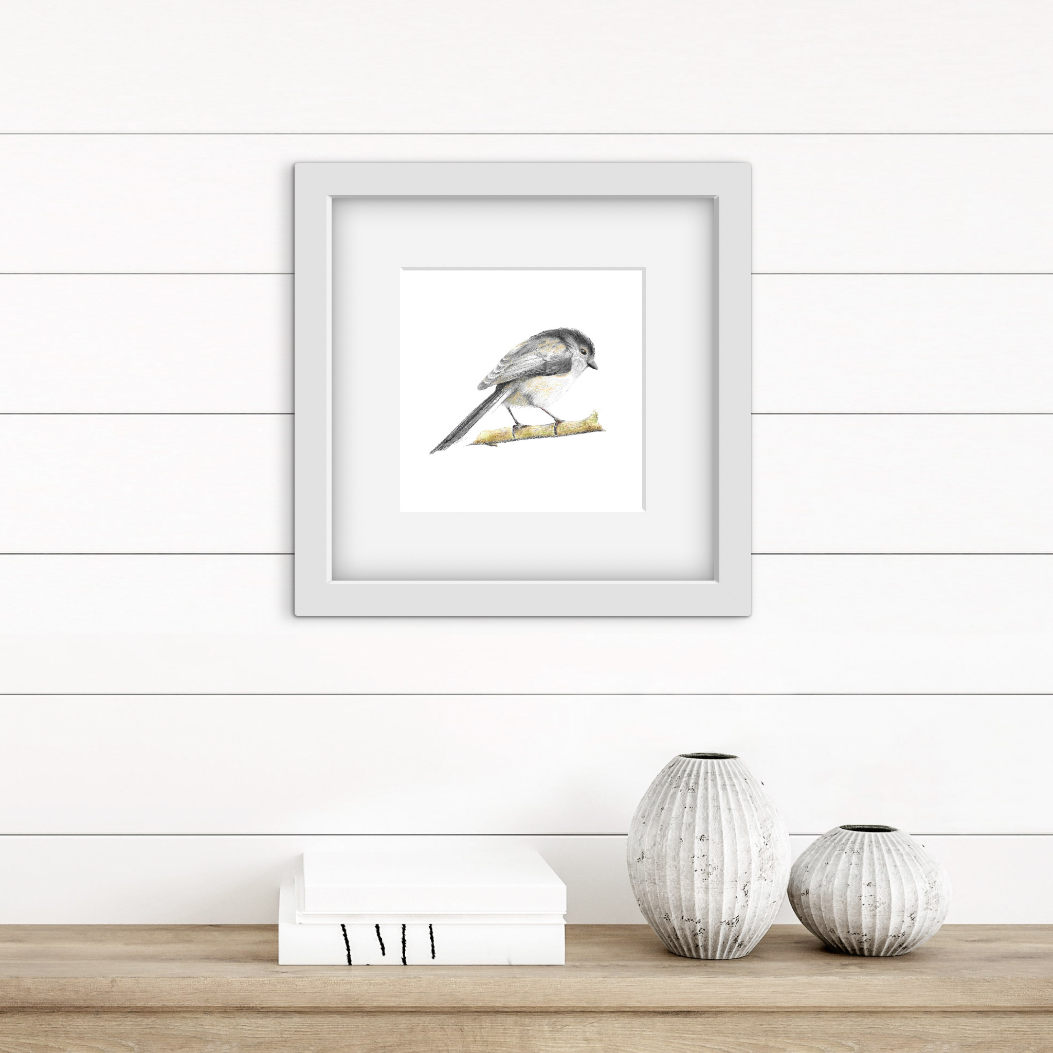 long tailed tit bird colour pencil drawing in white frame on white plank wall