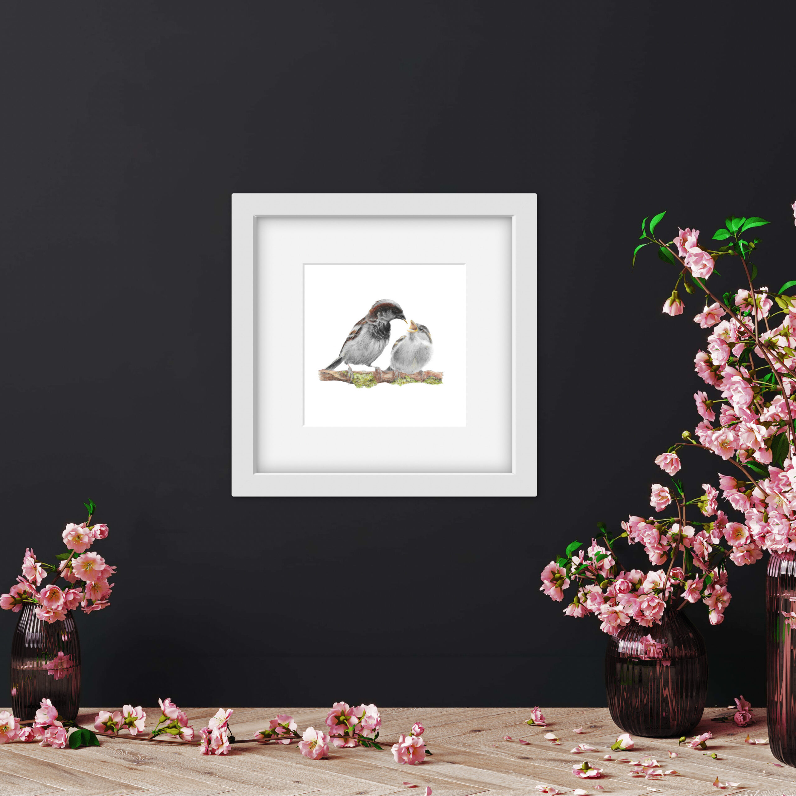 Sparrow and Young Print: Mounted Colour Pencil Bird Drawing - Image 3