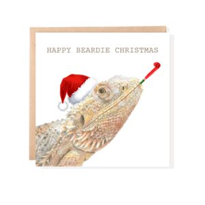 Christmas card with a beaded dragon drawing. The reptile has a Christmas hat and party trumpet.