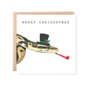 Drawing of a Royal Python snake on a Christmas card with top hat and party trumpet