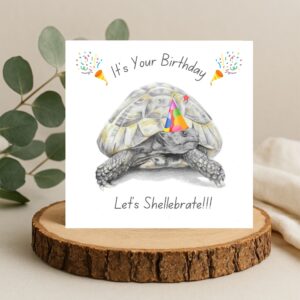 tortoise birthday card with a drawing of a tortoise wearing a party hat and birthday text