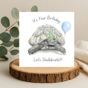 Birthday card with a tortoise drawing. The tortoise is holding a blue balloon and there is Birthday text